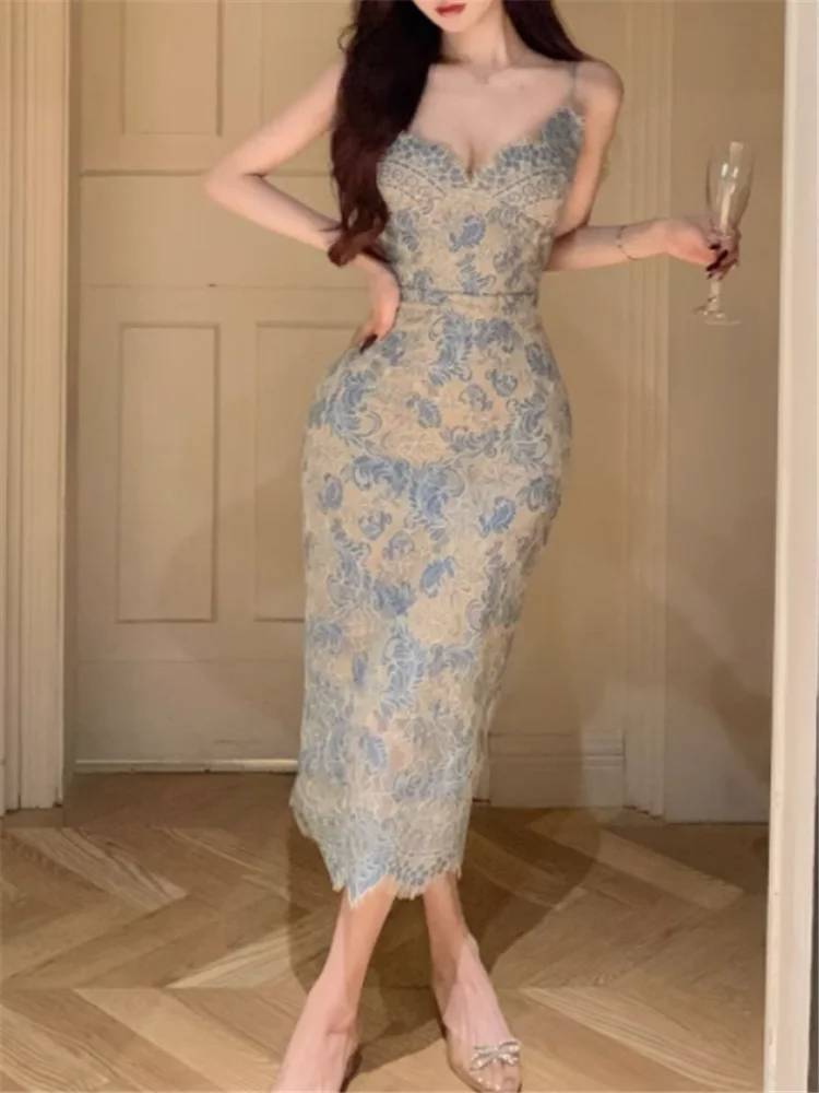 ヴィンテージ V ネックエレガントなブルー刺繍レースキャミソールロングドレス Vestidos 夏ノースリーブボディコン鉛筆イブニングパーティードレス