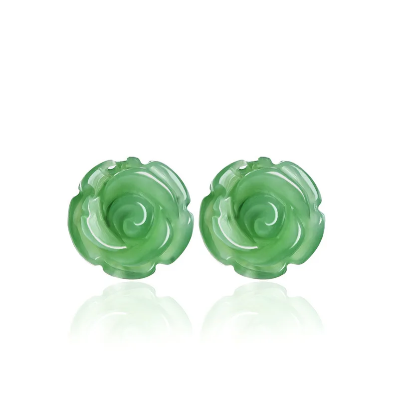 Natural Hetian Jade Rose Flower Earrings S925 Silver Inlaid Fashionable Women'S Jewelry