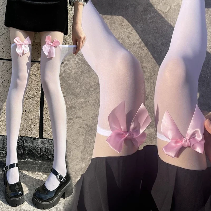 

Women Kawaii Cute Over Knee High Long Socks Lolita Girls Bowknot Thigh High Stockings JK Japanese Style Cosplay Lace Stocking
