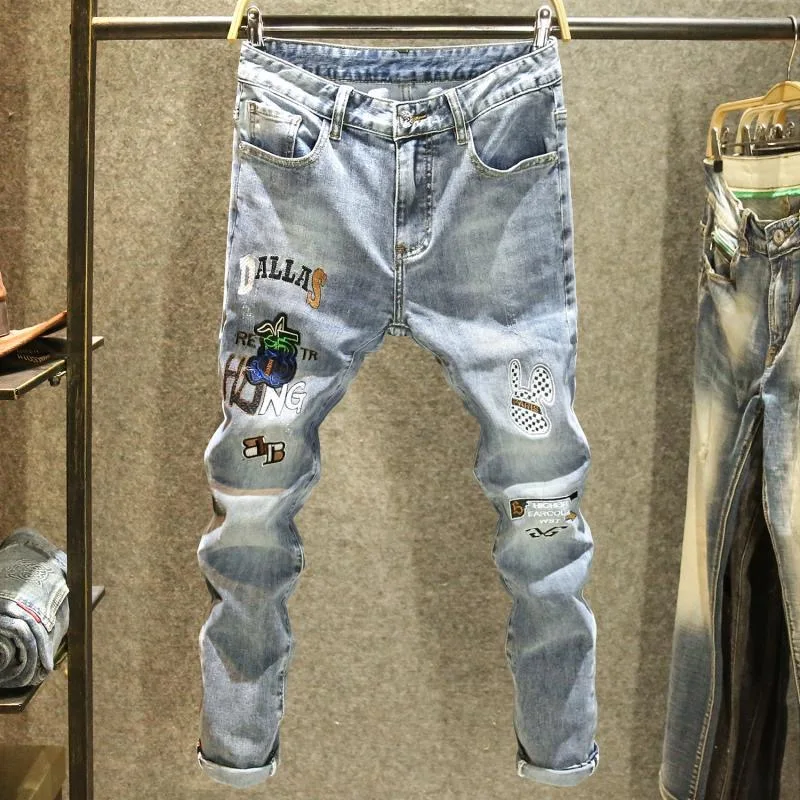 

Осенне-весенние новые модные прямые спортивные джинсы с принтом в стиле ретро, мужские повседневные удобные эластичные джинсовые брюки высокого качества