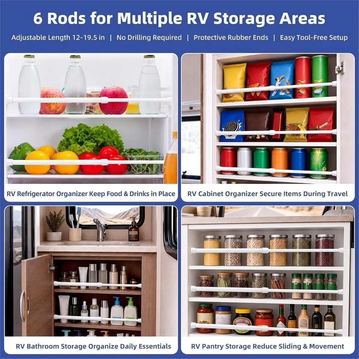 RV Tension Rods, Adjustable Cabinet Rods 12-19.5 in, 6 Pack Non-Slip Rubber Ends, Tool-Free Setup, Metal Construction