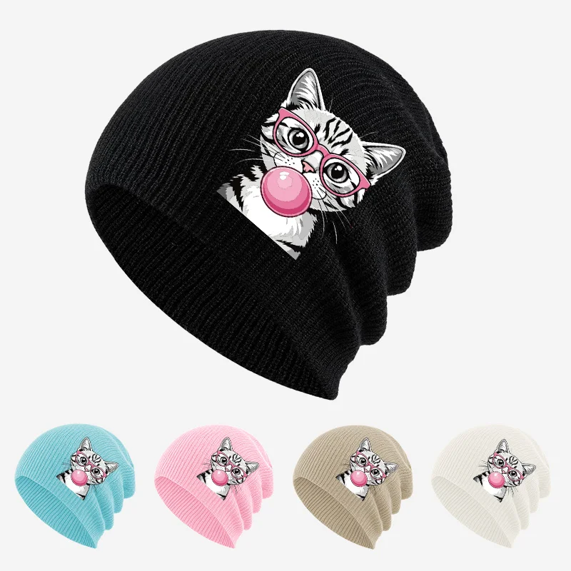 Bubble Gum Blowing Cat Print Soft Kids Knit Cold Hat 1-3Y Toddler Fashion Beanie for Daily Outing & Children Theme Party view 6