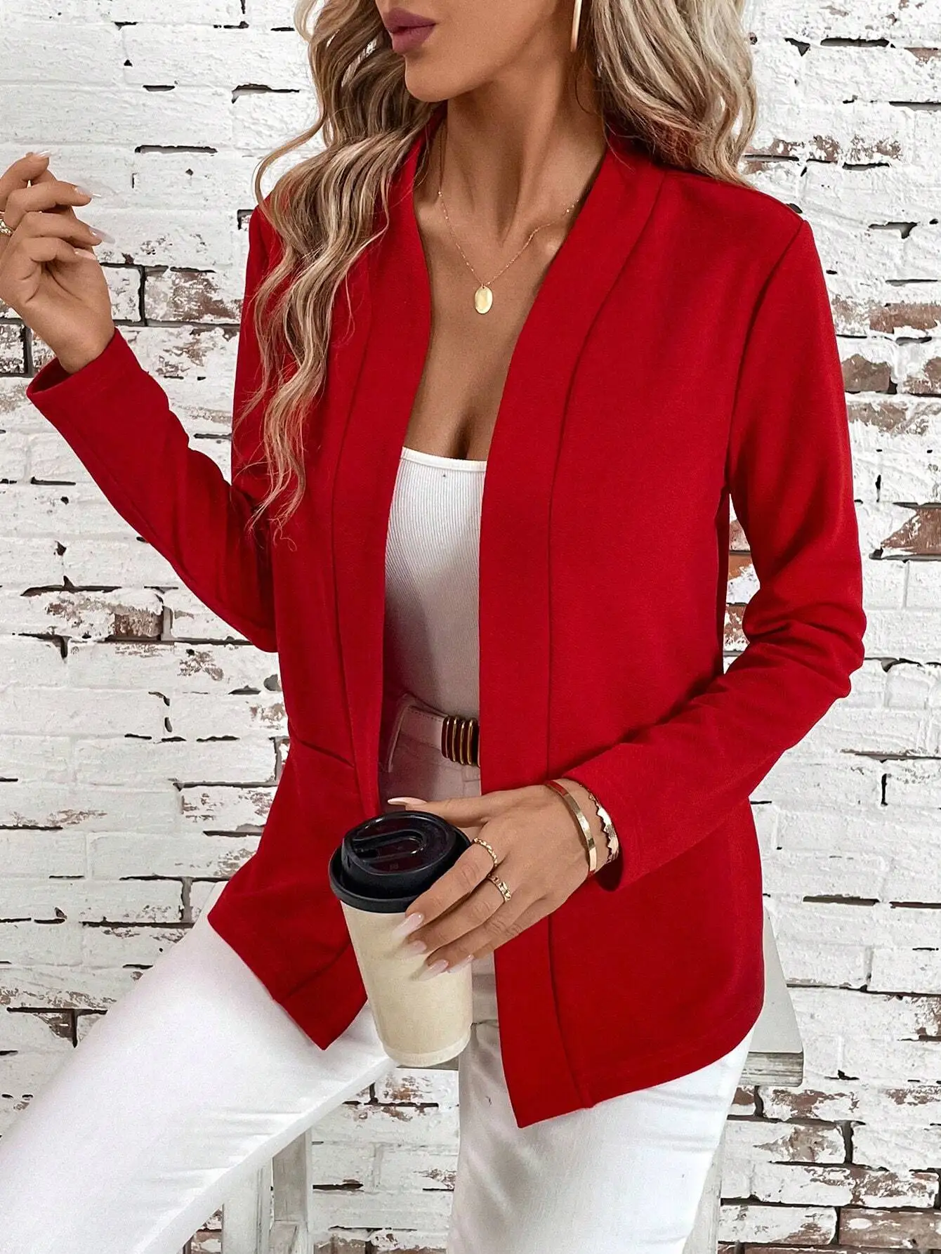 

Red Women's Collarless Blazer Jacket with Pockets, Minimalist Elegant Style for Fall/Winter Office & Casual Wear
