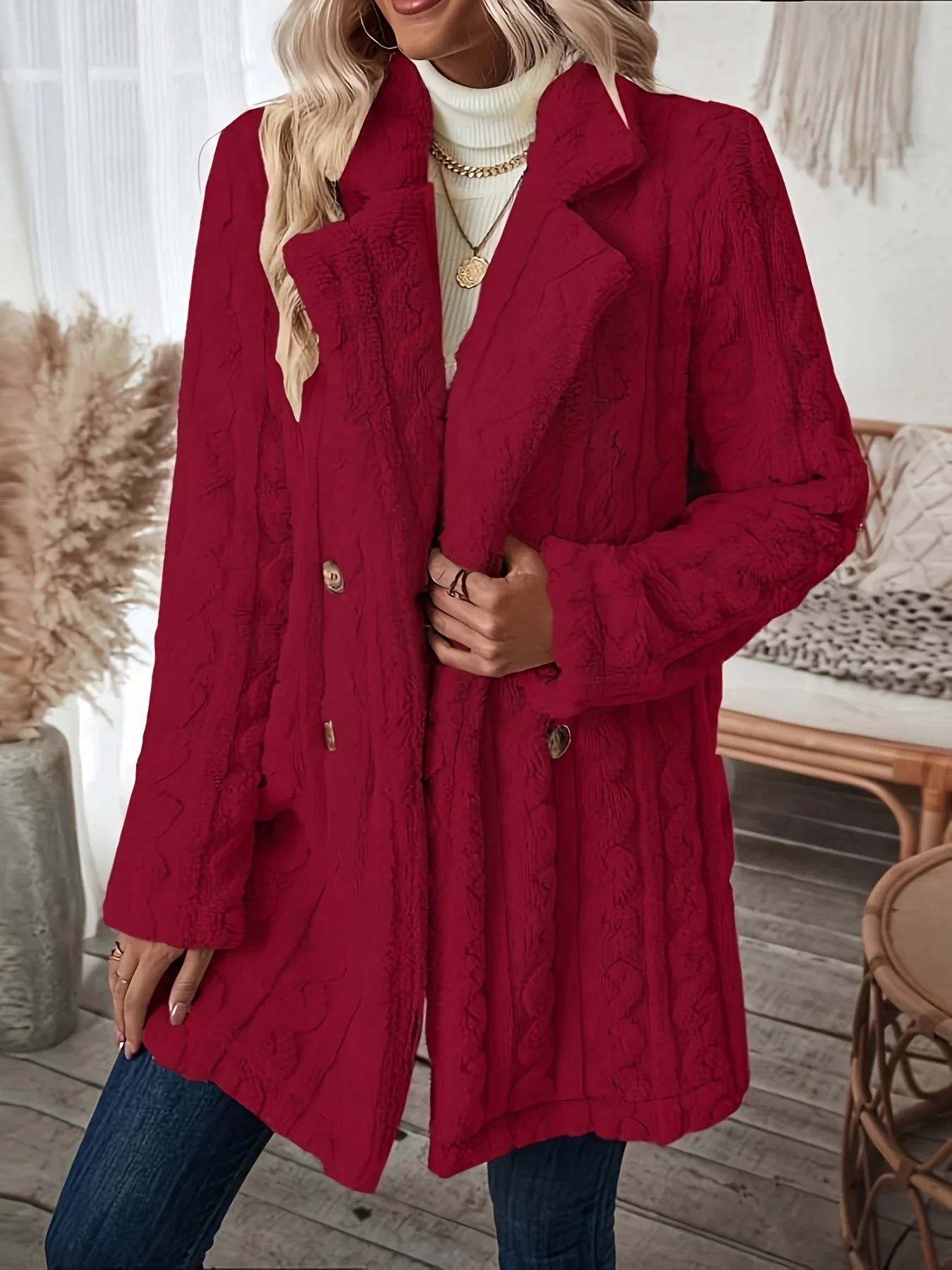 Stylish Double Breasted Teddy Coat - Soft Textured Thermal Long Sleeve Winter Outwear with Versatile Lapel Design - Women's Warm