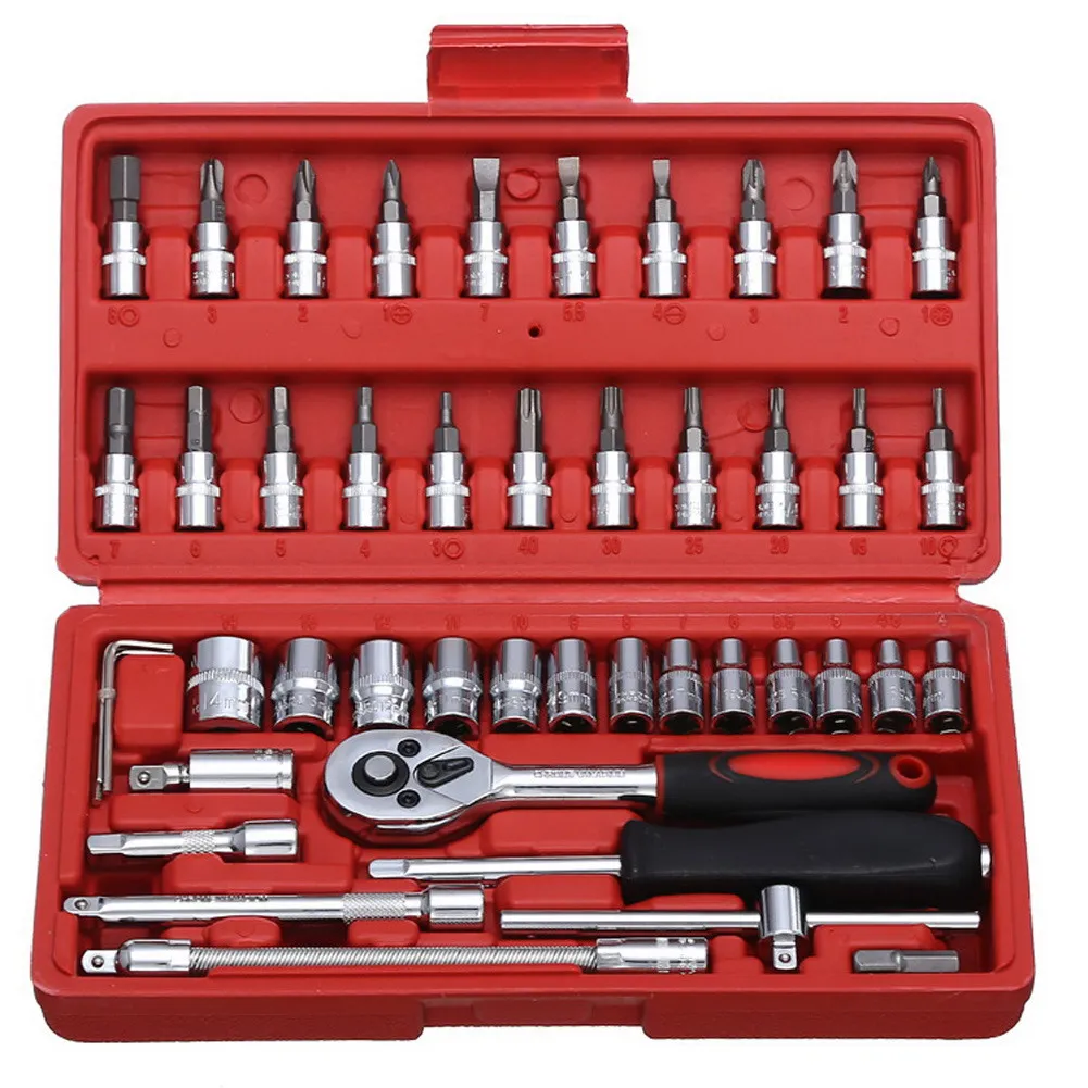 46pcs Car Repair Tool Kit 1/4-Inch Socket Set Car Repair Tool Ratchet Torque Wrench Combo Auto Repairing Set Mechanic Tool