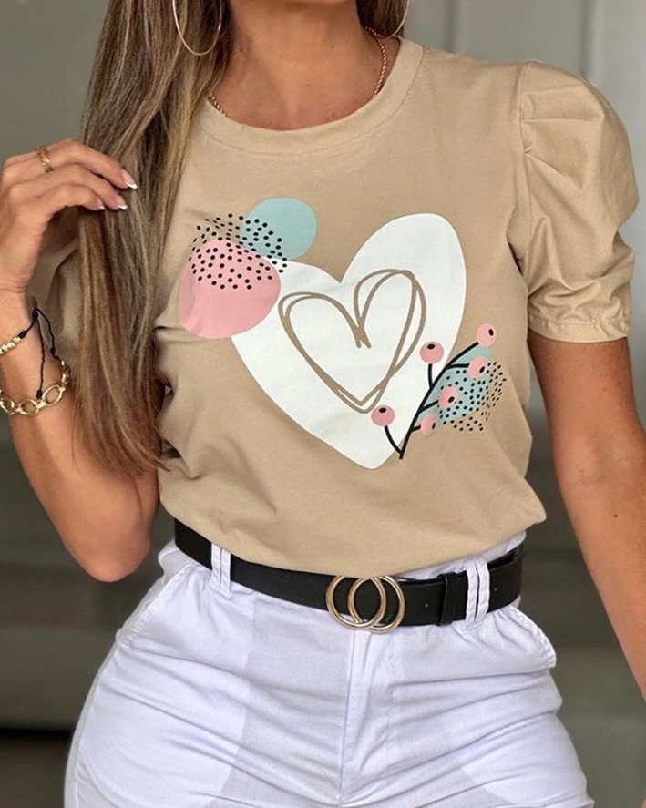 

New Fashion 2024 Summer Casual Elegant T-Shirt Pullover Tops Heart Plants Polka Dot Print T-Shirt Female Clothing Outfits
