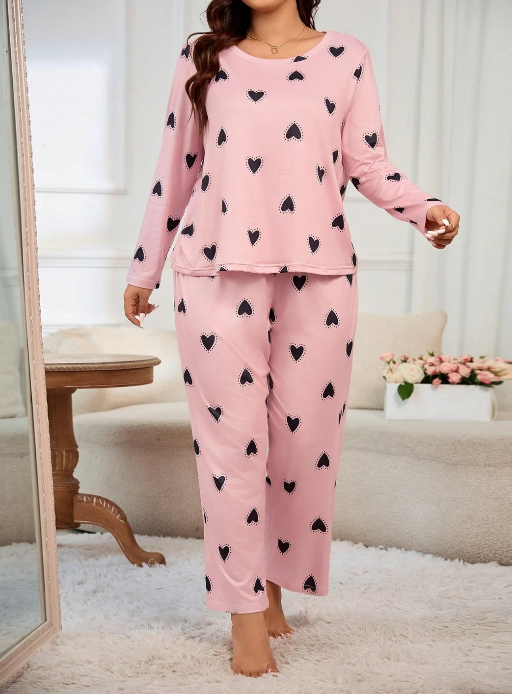 Plus-size ladies casual style Black love print pink long sleeve trousers pajamas set, suitable for home