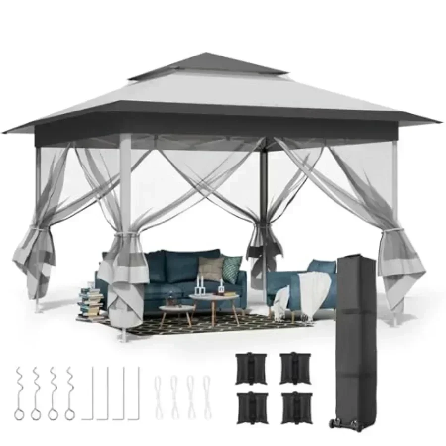 13Feet Pop Up Gazebo Outdoor   Tent w/4 Netting Sidewall Auto Extending Eave Patio Gazebos Shelter w/Mesh Wall Center Lock Whee