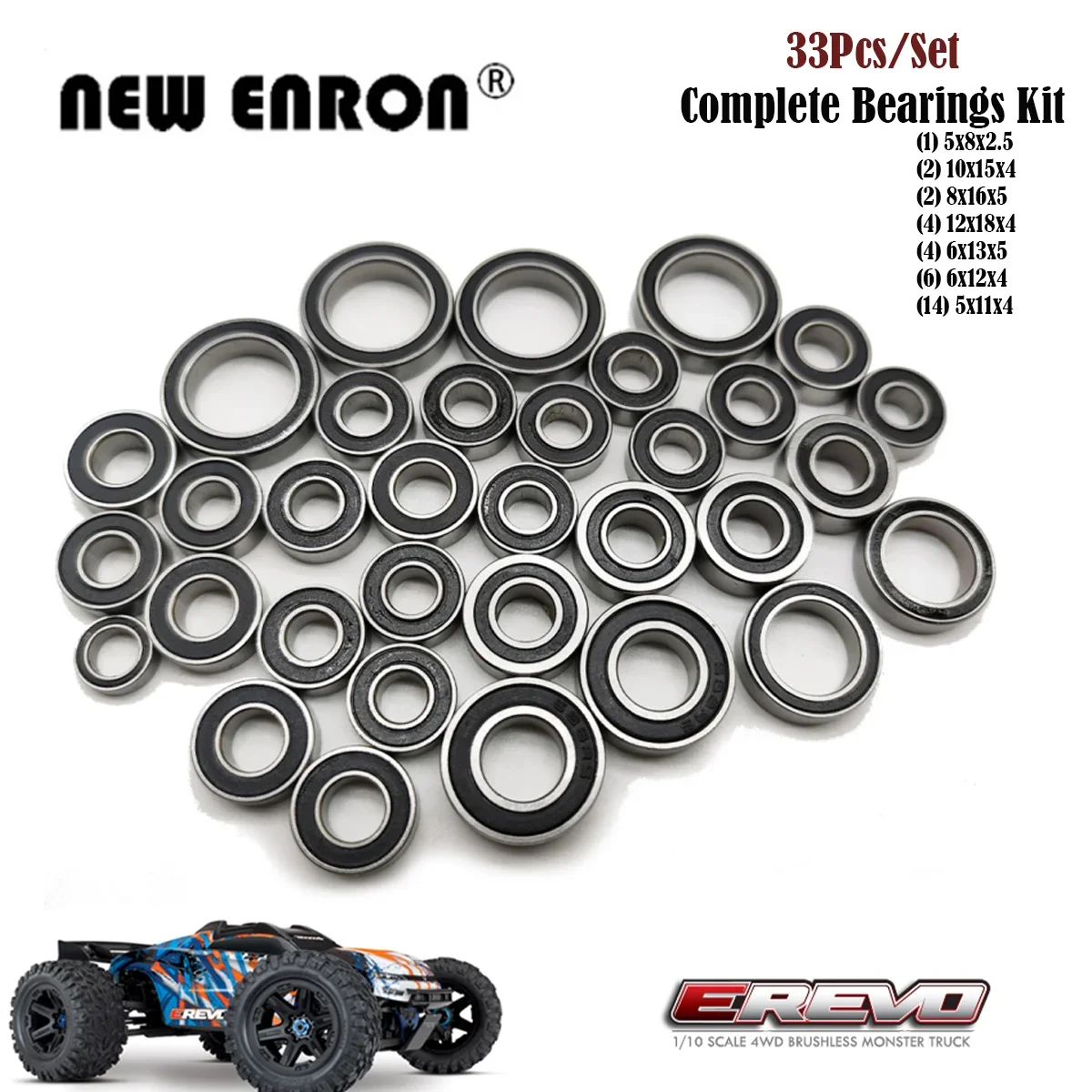 Pre-Greased Complete Bearings Kit Black Sealed 33Pc For RC Car 1/10 Traxxas E-Revo ERevo 2.0 VXL Brushless Original Version