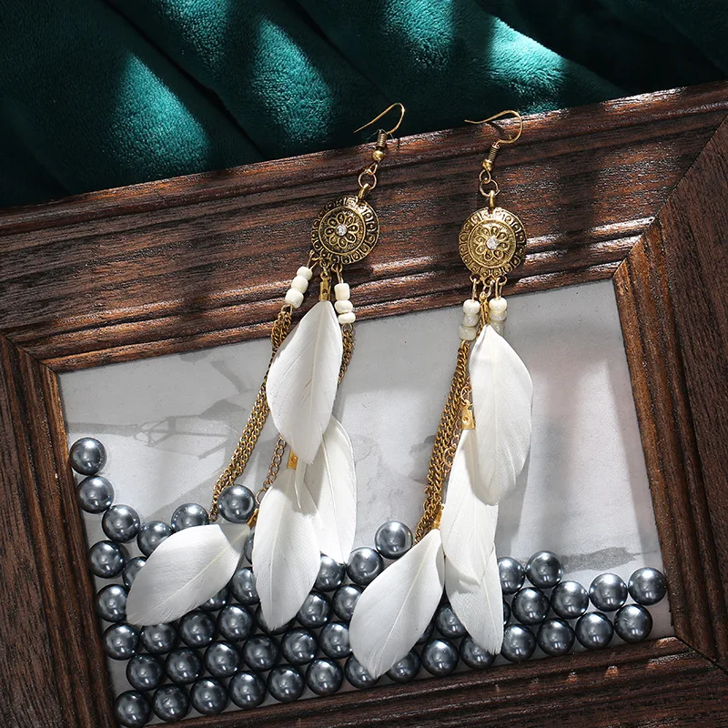 Bohemian Vintage Lange Weiße Feder Ohrringe für Frauen Ethnische Temperament Gold Farbe Kette Quaste Ohrringe Boho Hochzeit Schmuck – Detail 17