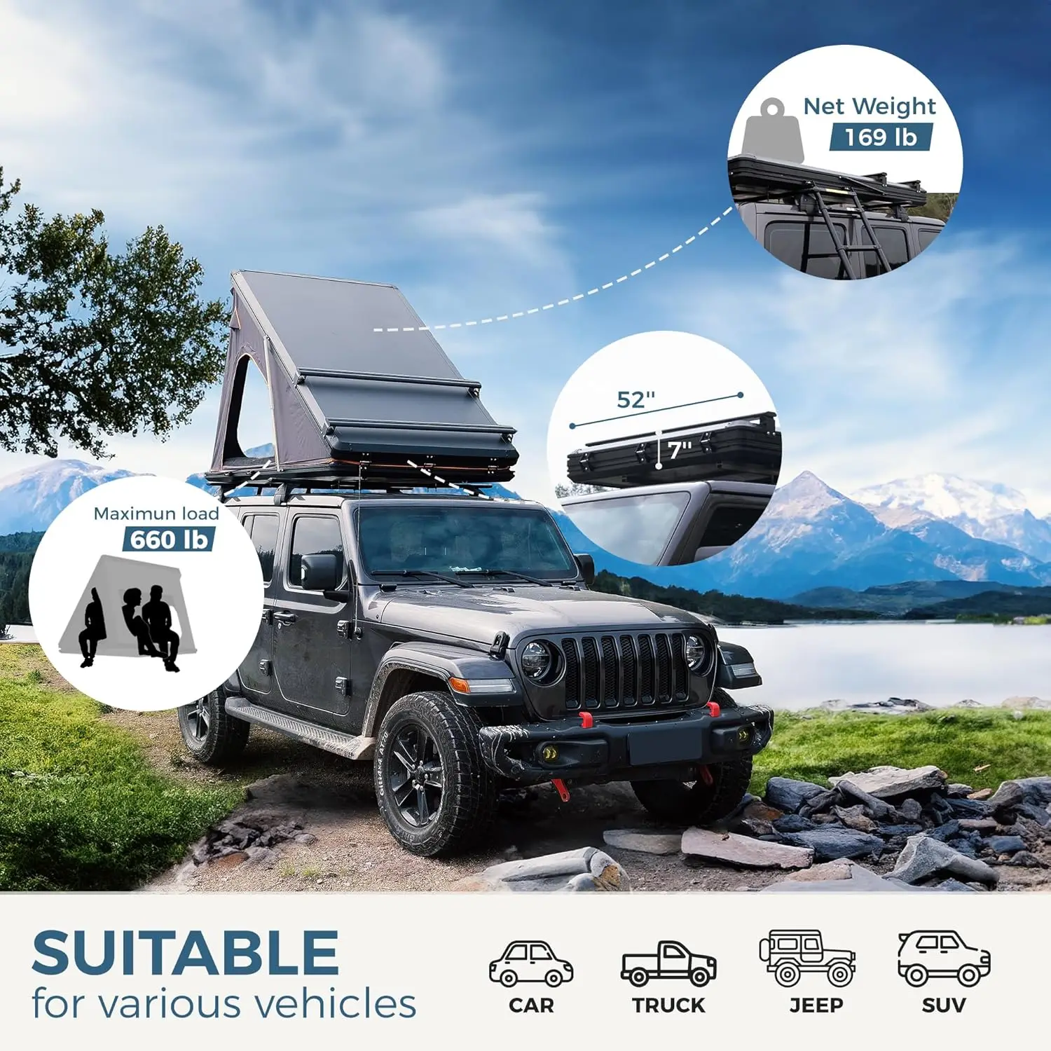 Aluminium Pop-Up Roof Top Tent Waterproof Hard Shell Rooftop Tent for Van Jeep Car SUV Truck Camping-for Summer 3