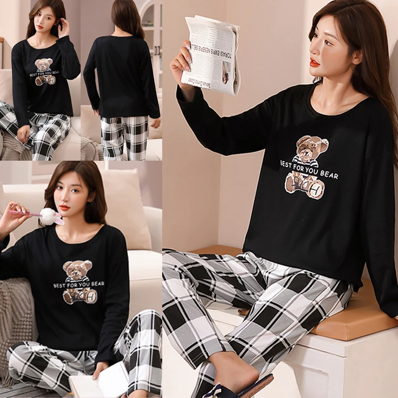 

Two-Piece Set Women's Spring Summer And Fall New High-Grade Cotton Pajamas Pajama Pants Large Size Simple Comfortable Homewear