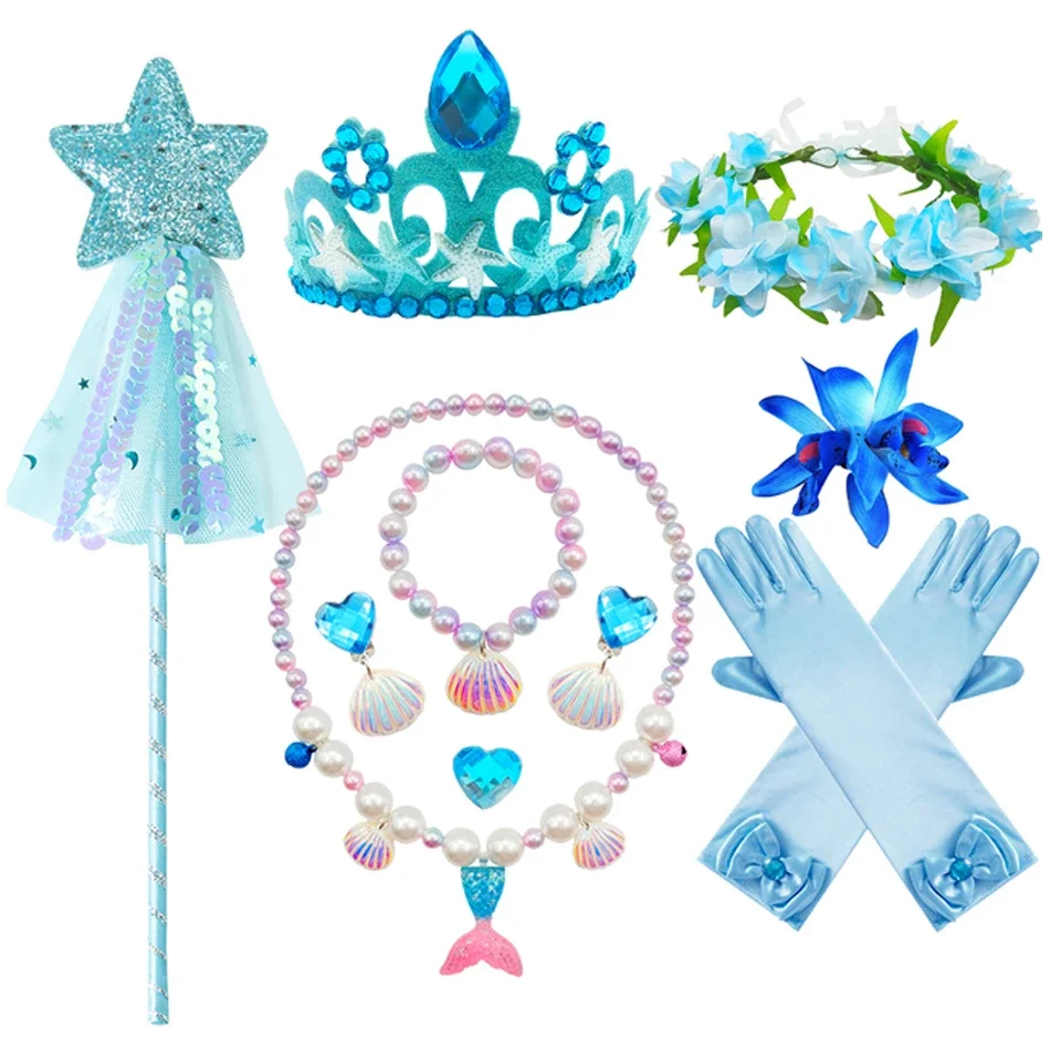 Mermaid Accessories Gloves Wand Crown Jewelry Set Wig Necklace Braid for Princess Dress Clothing Cosplay Halloween Birthday