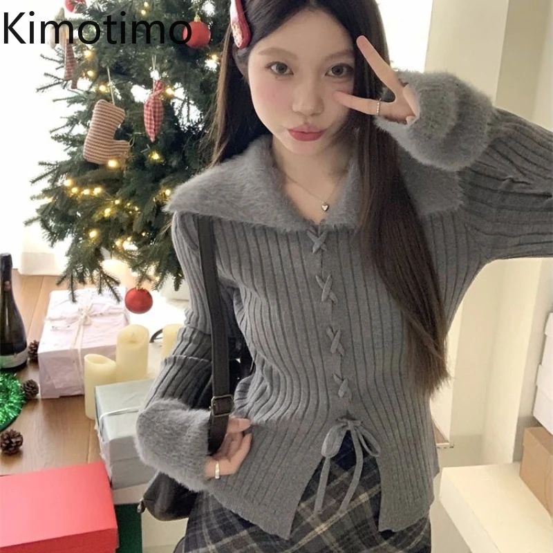 

Kimotimo Y2k Fur Splicing V Neck Knitted Cardigan Women Autumn Winter Slim Fit Bandage Long Sleeve Tops Gentle Versatile Sweater