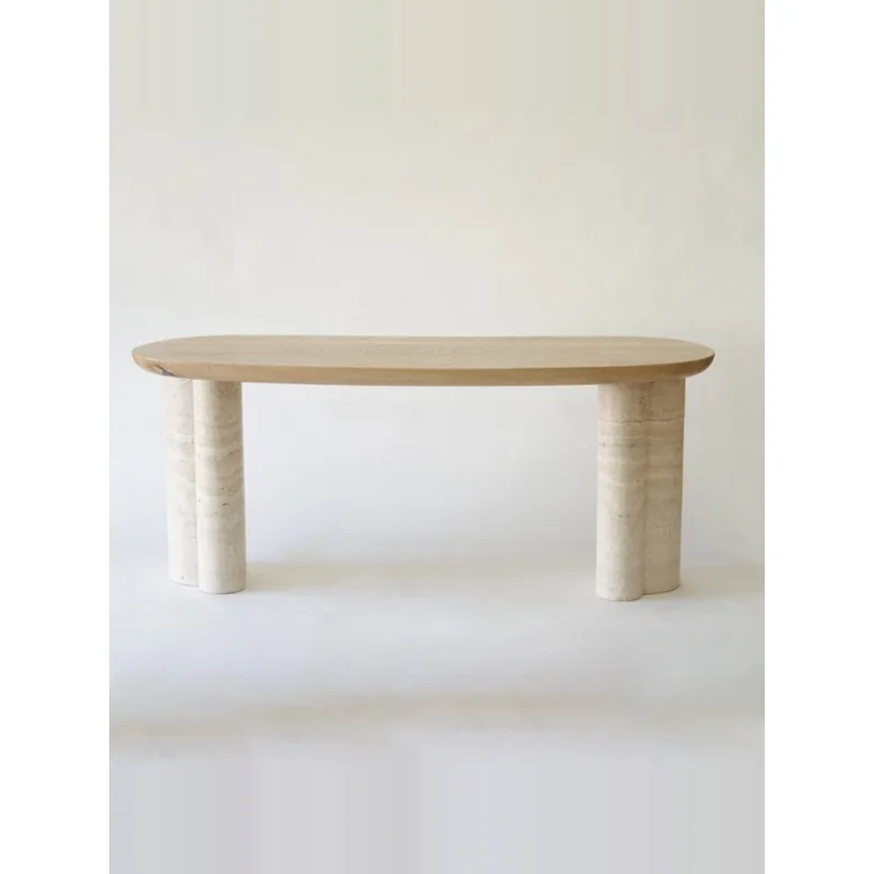Nordic dining table 2025 new family desk modern simple natural yellow travertine marble Japanese long dining table