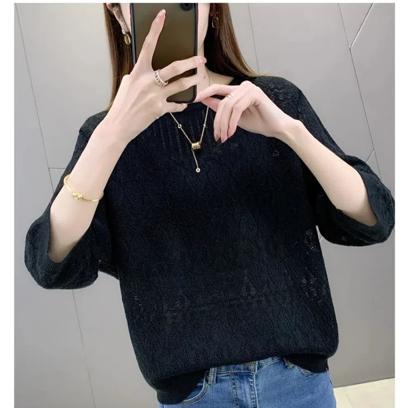 Sweet Fashion Spring/Summer Pullovers Women\'s O-Neck Solid Hollow Out Lace Batwing Sleeve Temperament Casual Loose Knitting Tops