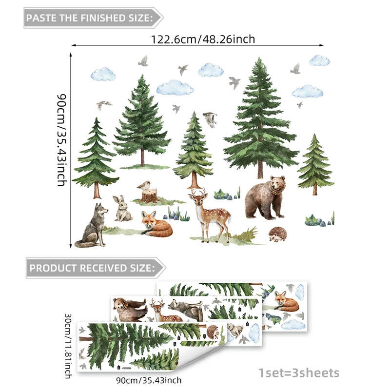 ملصقات حائط على شكل شجرة صنوبر سفاري كبيرة على شكل ثعلب غزال وولف، ملصقات حائط من الفينيل لتزيين غرفة نوم الأطفال #2