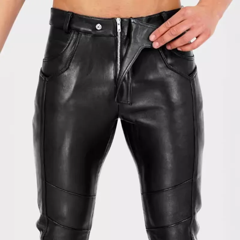 Herren Punk Kunstlederhose Slim Fit Knöchelgebundene Biker-Motorradhose mit Reißverschluss Lange Hose Nachtclub Streetwear Freizeithose