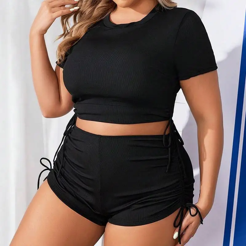 

2026 New Pure Color Drawstring Short Sleeve Large Size Women's Beach Bikini Swimming Suit High Waist Nylon Fabric Gown