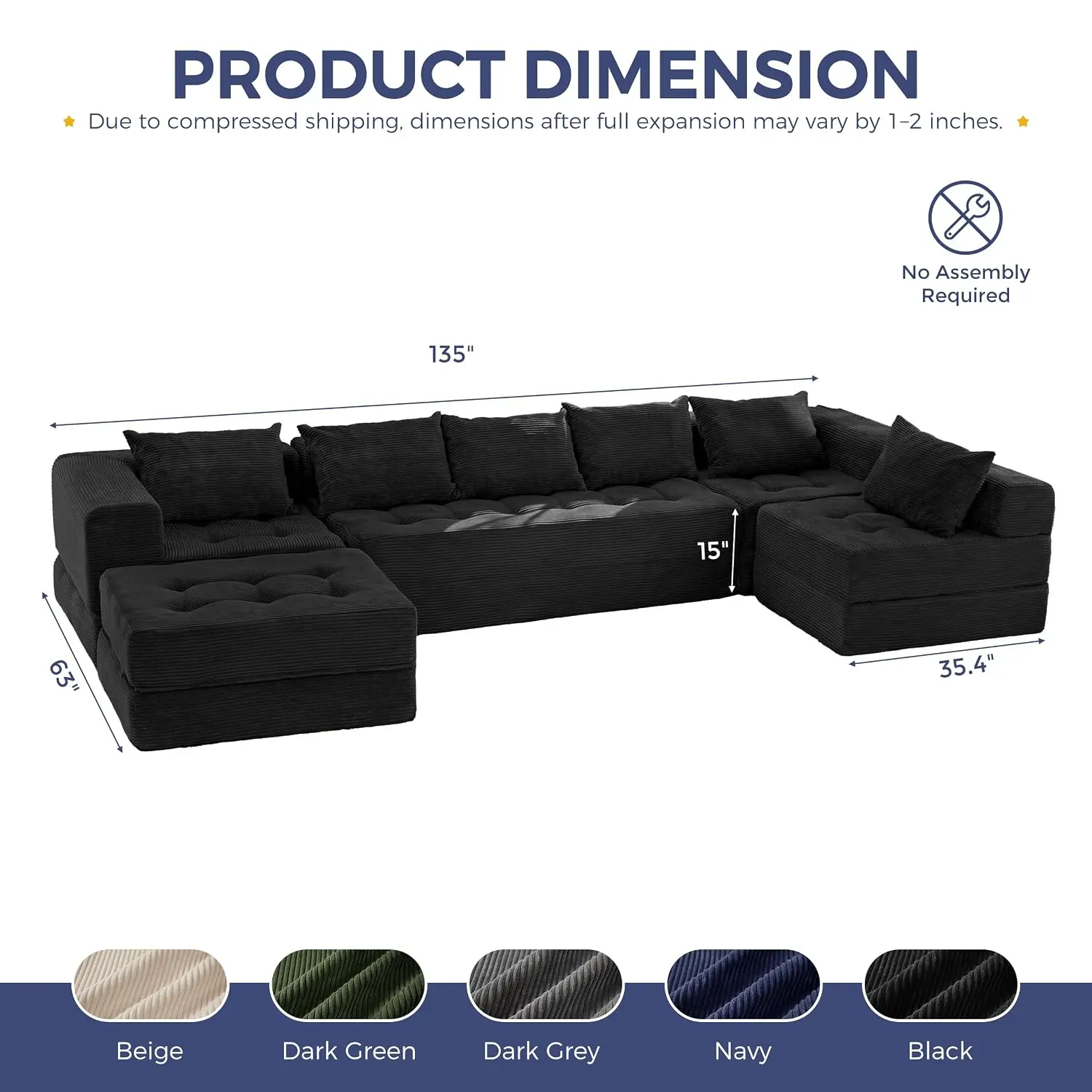 7-Seater U-Shaped Modular Sectional Sofa with Ottoman, Customized