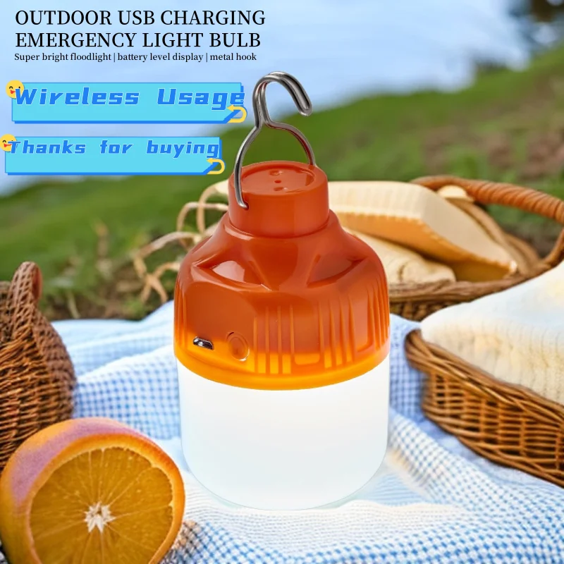 2pcs Camping Light USB Rechargeable LED Emergency Lamp Outdoor Portable Lanterns with Hook for BBQ Tents Battery Bulb