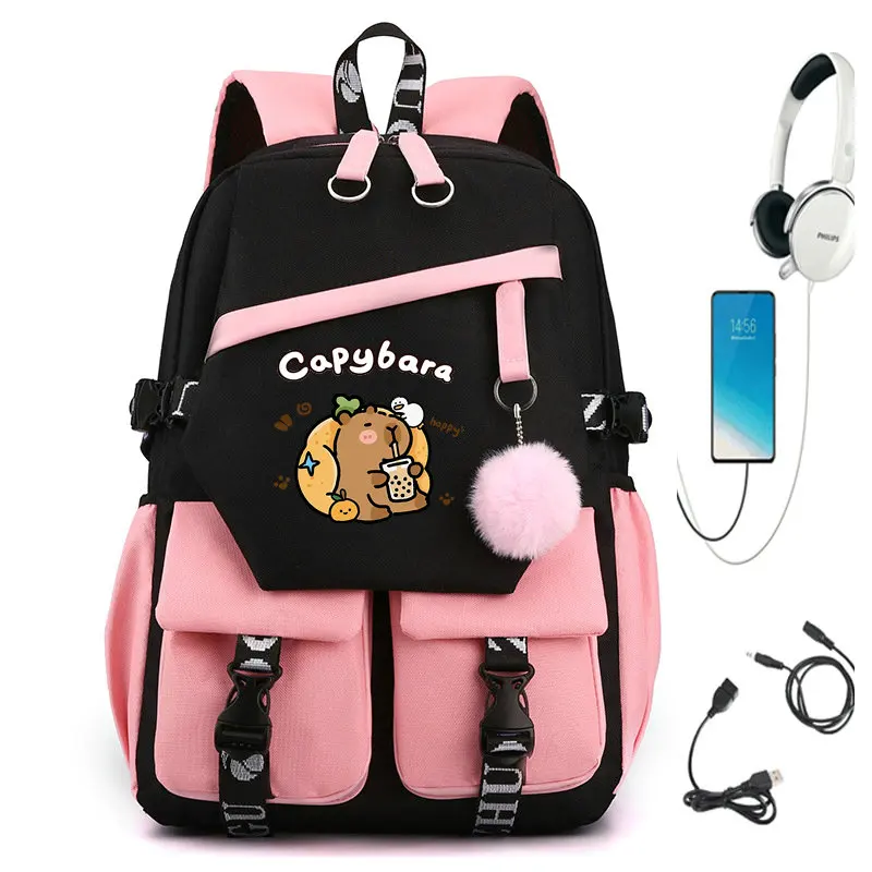 Girls Boys Backpack Capybara School USB Book Bags Teen Women Men Travel Bags Laptop Headphone Port Mochila Gift