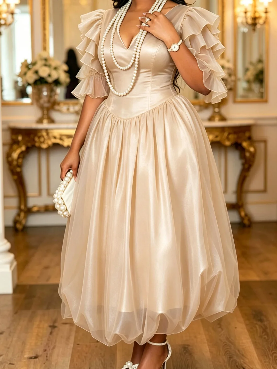 Women Organza Ruffle Satin Evening Dress V Neck Sheer Multi Ruffle Flutter Sleeve Plus Size Formal Party Wedding Guest Dresses