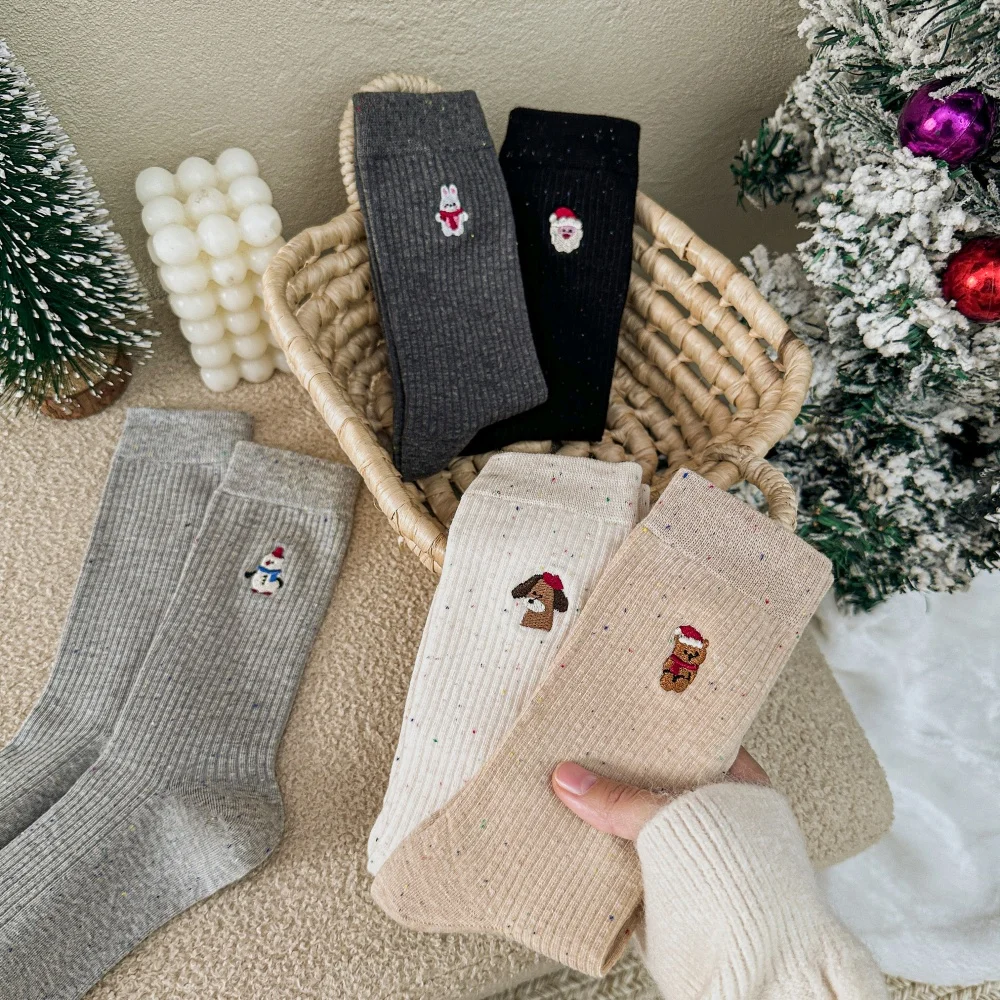 Cute Cartoon Animal Polka Dot Christmas Snowman Embroidery Trendy Women's Piled Socks Christmas Gift