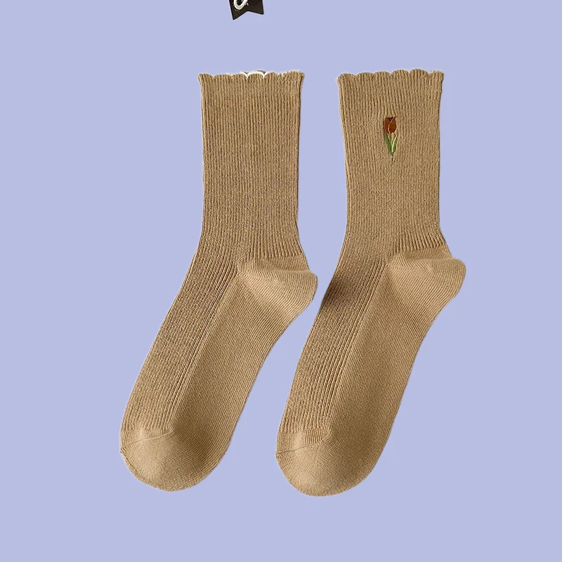 Calcetines japoneses con bordado de tulipanes de encaje para mujer, medias de algodón de Color sólido para otoño e invierno, 5/10 pares