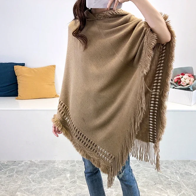 Spring Autumn New Women Winter Knit Hooded Poncho Cape Crochet Fringed Tassel Shawl Wrap Sweater Even Hat Girls Keep Warm Red