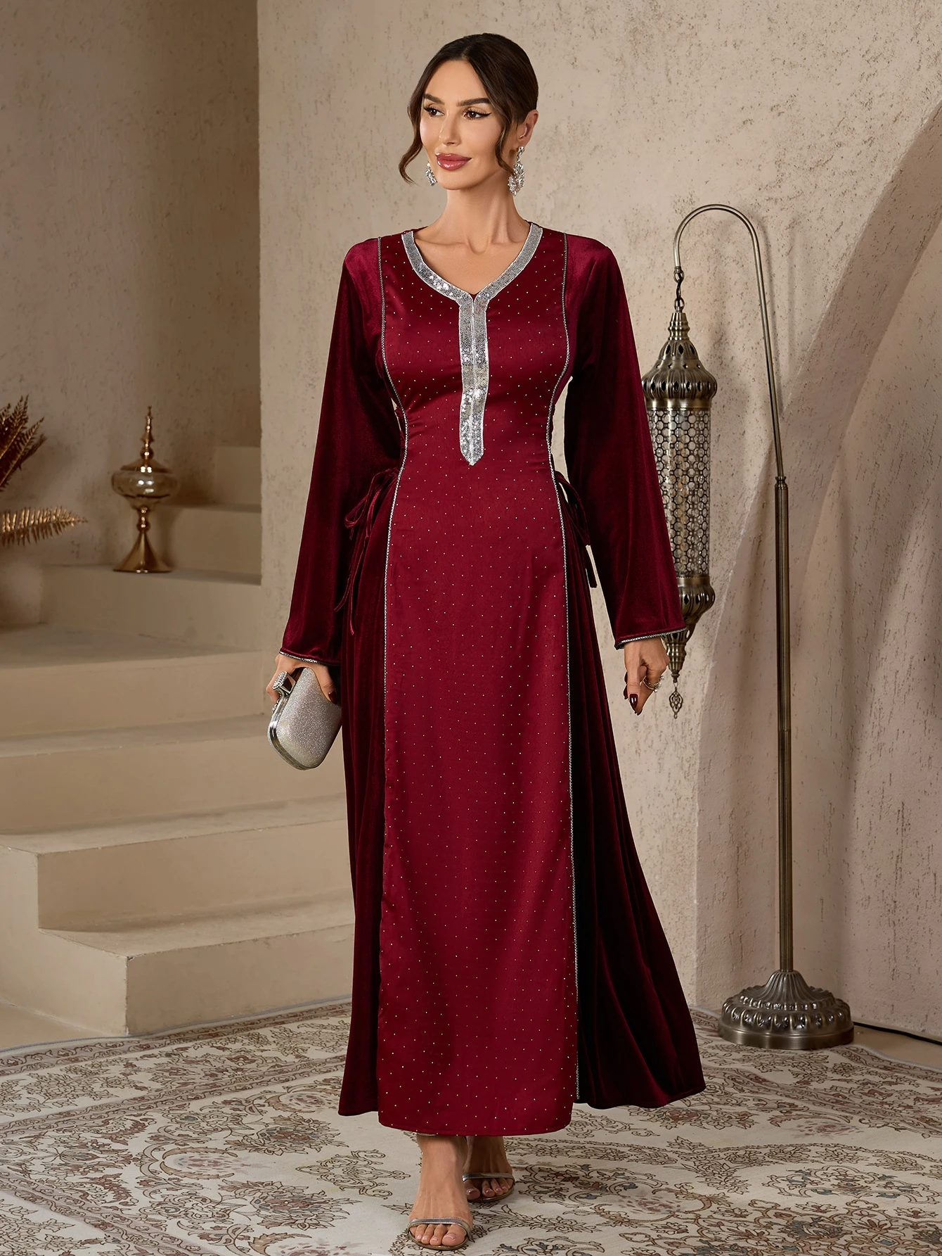 Middle East Faion Diamond Studded Long Sve Waist Cinched Dr Lace up Gown High Waist a Line Skirt for Date And Daily Wear