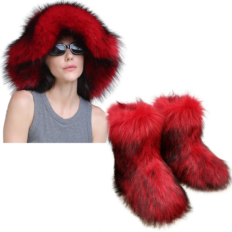2024 Women\'s New Fur Snow Boots Winter Thick-soled Warm Wool-like Women\'s Boots Female Shoes Fashion Plush Fur Hat 2-piece Suit