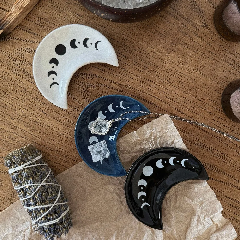 Moon Ceramic Tray Moon Phase Cycle Ceramic Holder Mysterious Retro Gothic Jewelry Crystal and Aroma Storage Oranment Craft