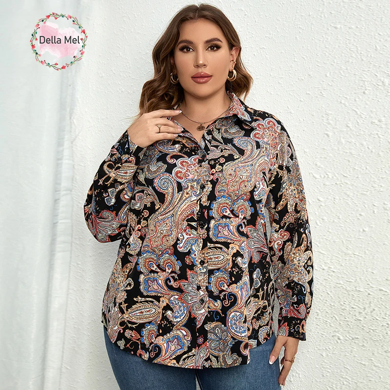 Della Mel Plus Size Paisley Print Lapel Neck Button Through Women Shirts Vintage Long Sleeve Spring Autumn Casual Shirt Tops