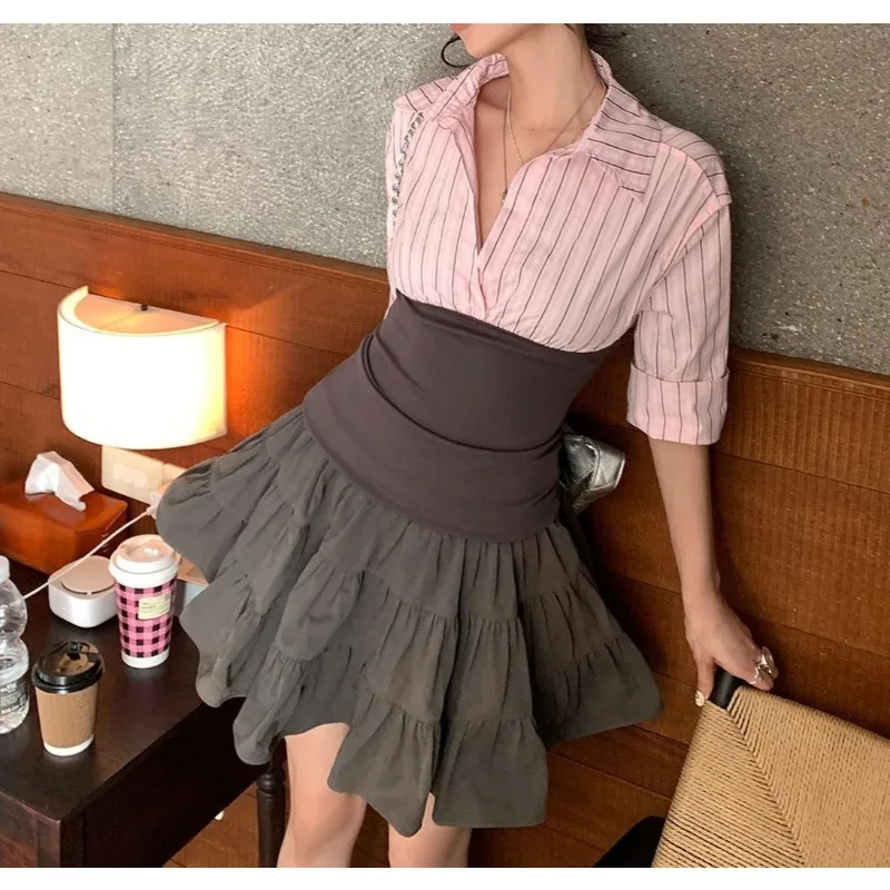 Korean Design Sense Fake Two-piece Contrasting Color Splicing Medium-sleeved Shirt Tooling Skirt Thin Two-piece Set