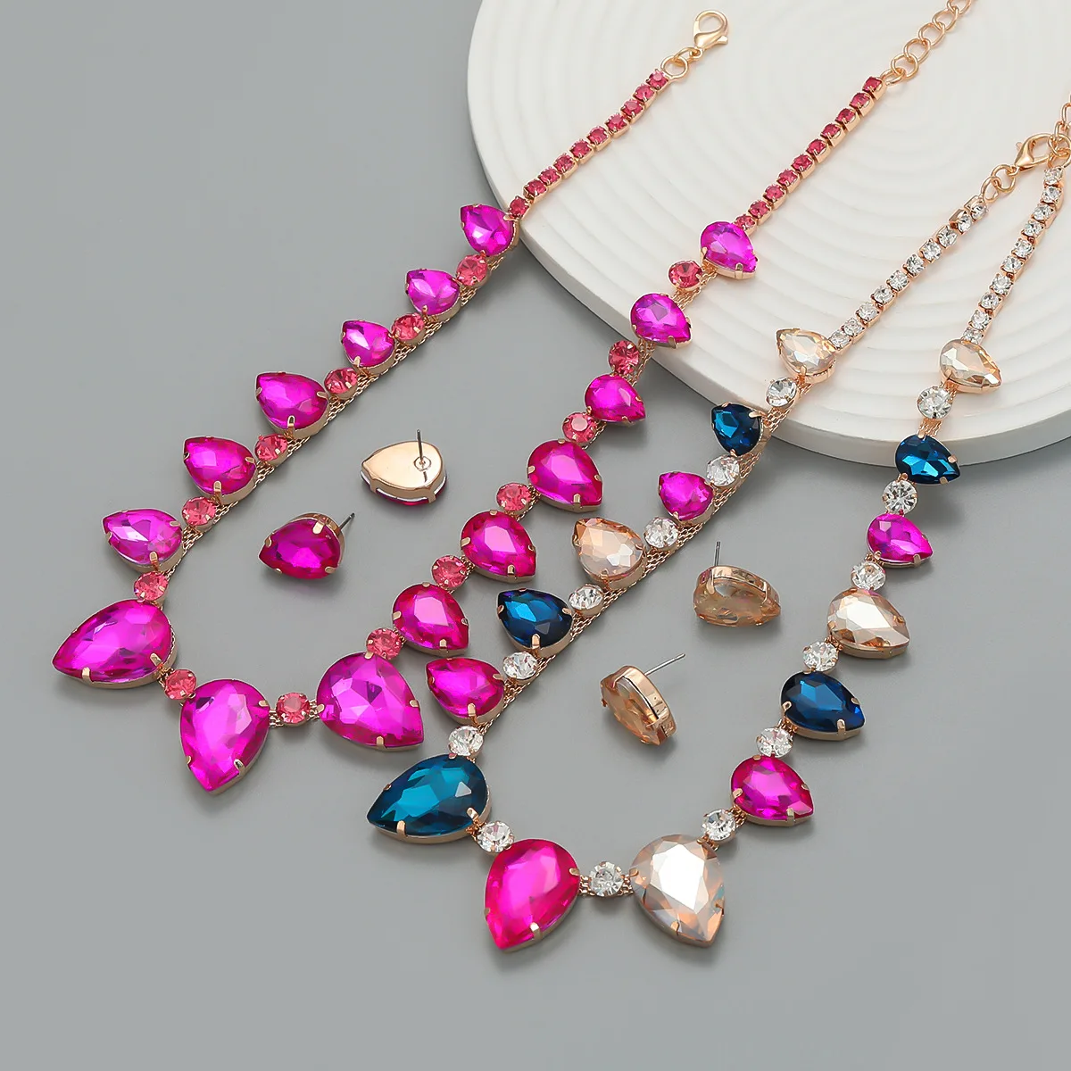 Wedding Party Fuchsia Colorful Geometric Rhinestone Necklace Earrings Jewelry Sets For Women Banquet Accessory