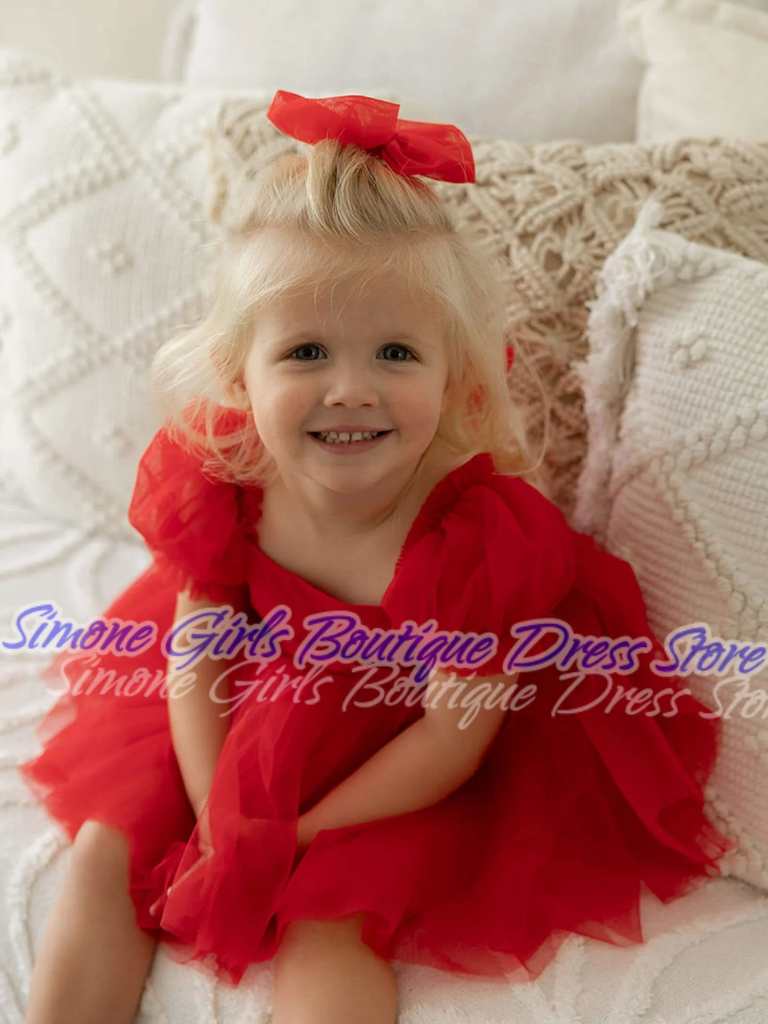 Maniche a sbuffo senza schienale Abito rosso Abito da ragazza di fiori per cerimonie nuziali Celebrazioni natalizie Spettacoli di danza Festa di compleanno