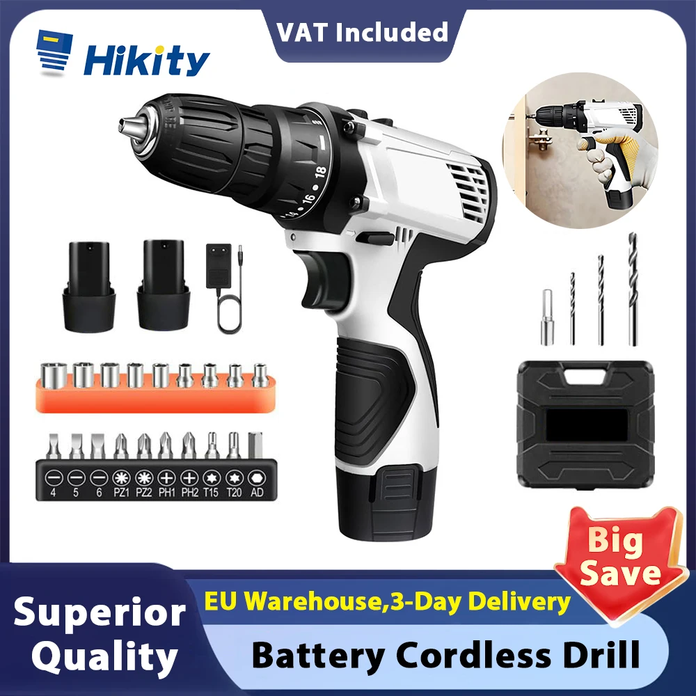Hikity 12V Trapano a batteria Trapano elettrico Set di cacciaviti con 23 pezzi Kit di accessori Trapano elettrico Trapano a velocità variabile