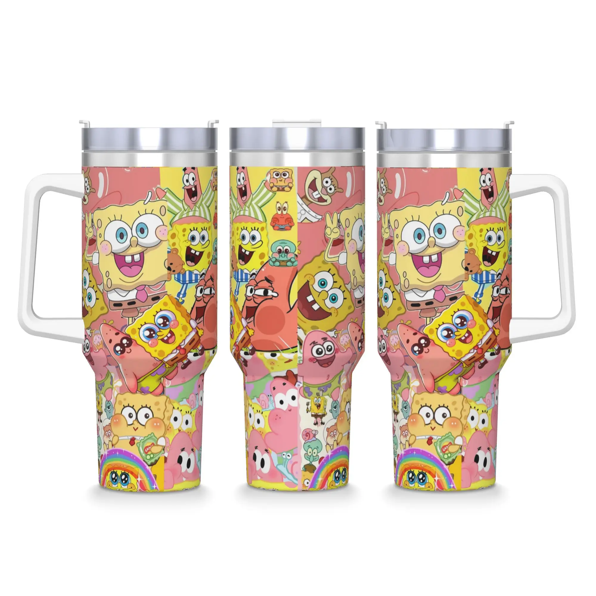 SpongeBobs Pink Tone Cute Group Collage Tumbler Cold Water Bottle Insulated Stainless Steel Coffee Mug Graphic Travel Car Mugs