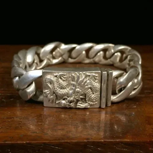 

Chinese Asian Old Tibet Silver Hand Cast Dragon Statue Bracelet Jewel Gift Nice