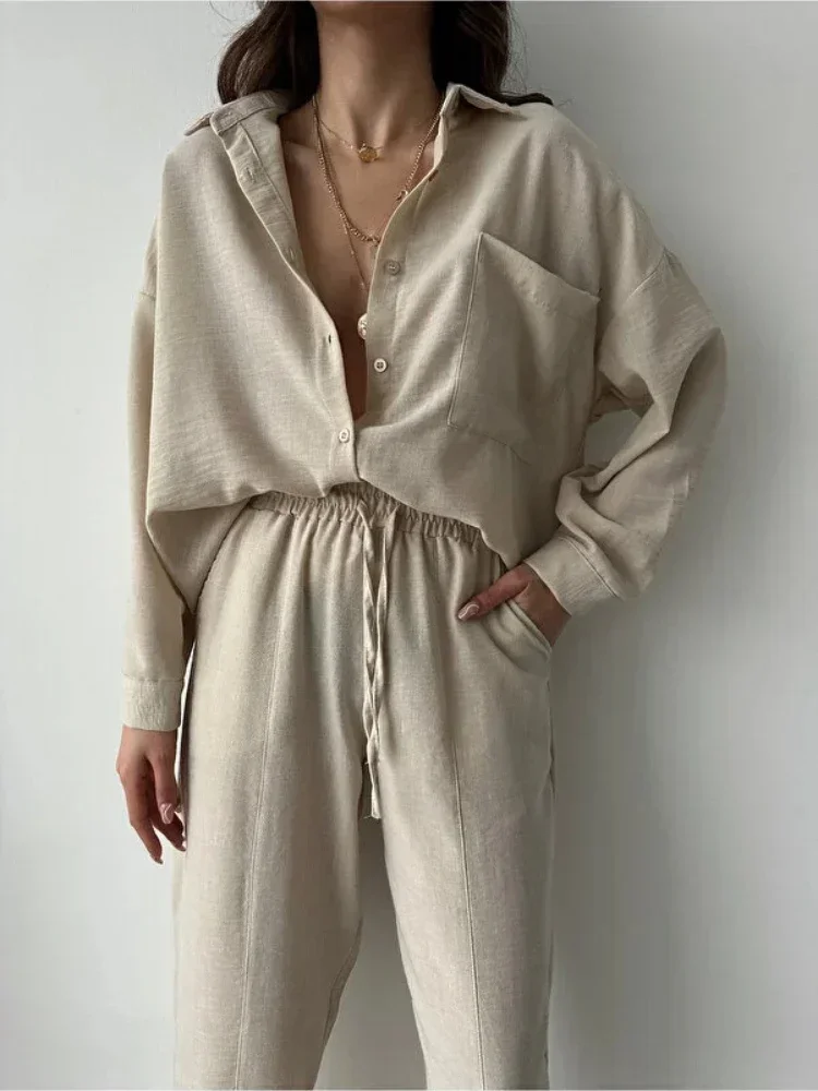 Sommer mode neue passende Kollektion Damen lose einreihige Top hohe Taille weites Bein Hosen Baumwolle Leinen zweiteilig Set