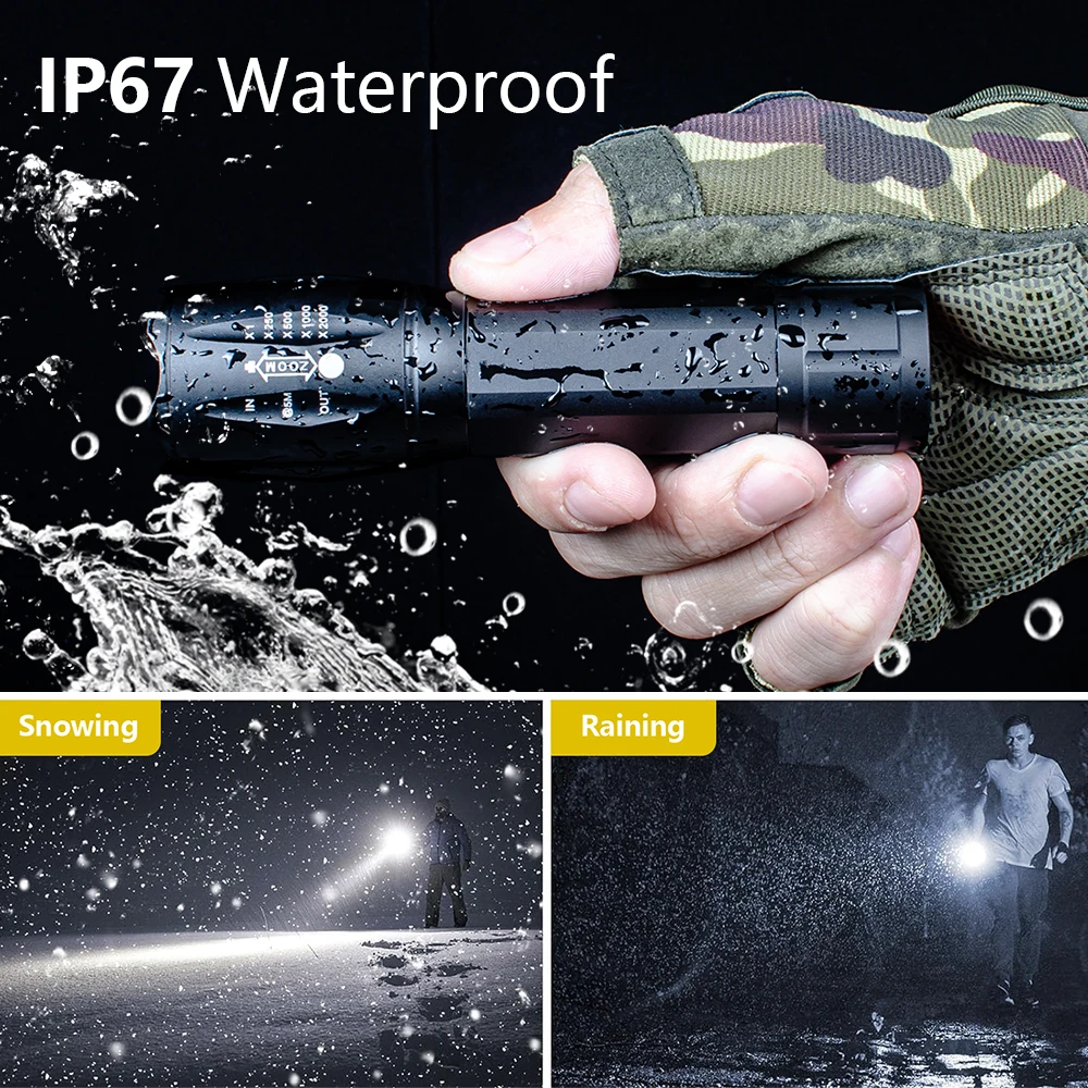 High Lumens 500m Long Range Zoomable IP67 Waterproof Tactical Led Torch Light Flashlight