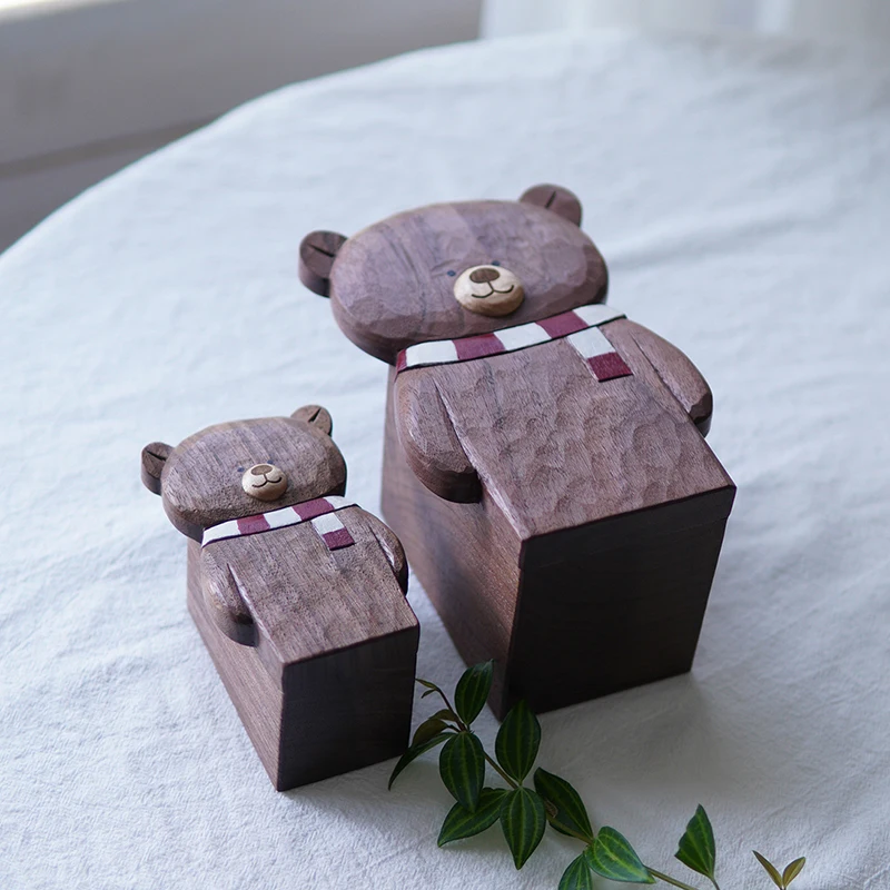 Cute Bear Storage Box Black Walnut Pens Box Kitchen Utensils Container Creative Natural Wood Table Organizer