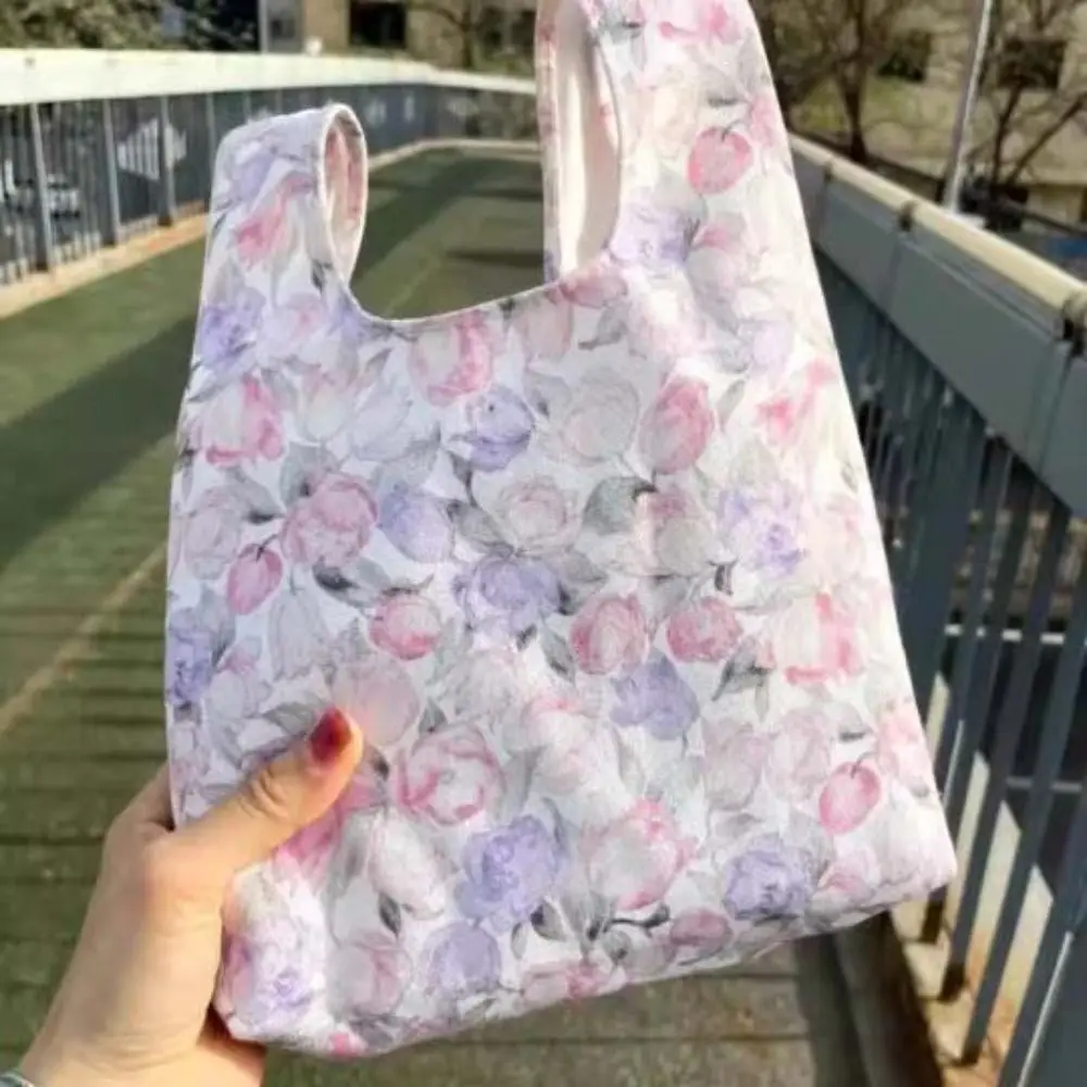 

Elegant Printed Flower Wrist Bag Floral Korean Style Spring Outing Handbag Large Capacity Women Small Purse Lunch Bag