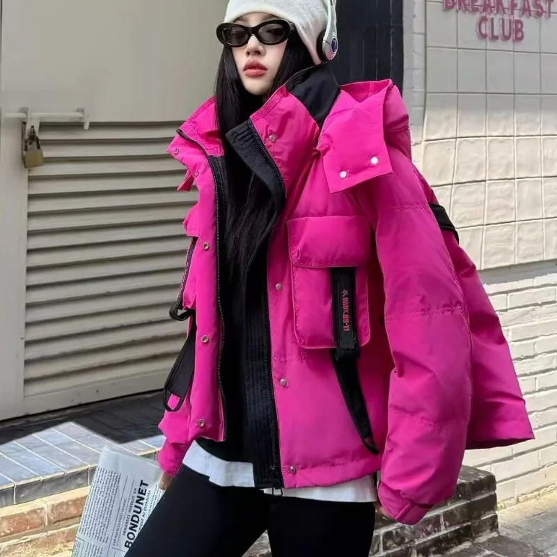 The 2025 New Trendy Brand Color-blocking Fashion Versatile Hooded Short Slimming Down Jacket for Women's Clothing Loose Coat