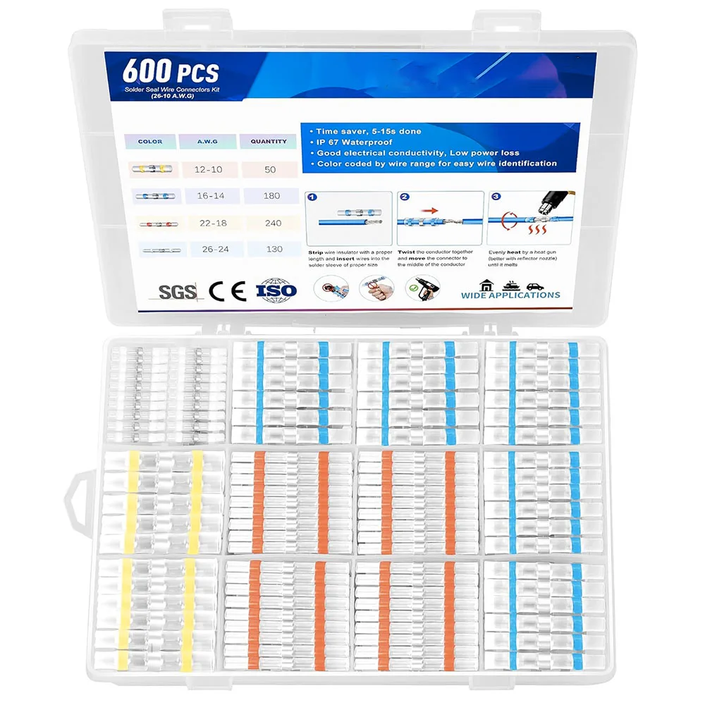 

600PCS Solder Seal Wire Connector Kit Solder Seal Butt Terminal Waterproof Insulated Electrical Wire Splice For Marine Boa