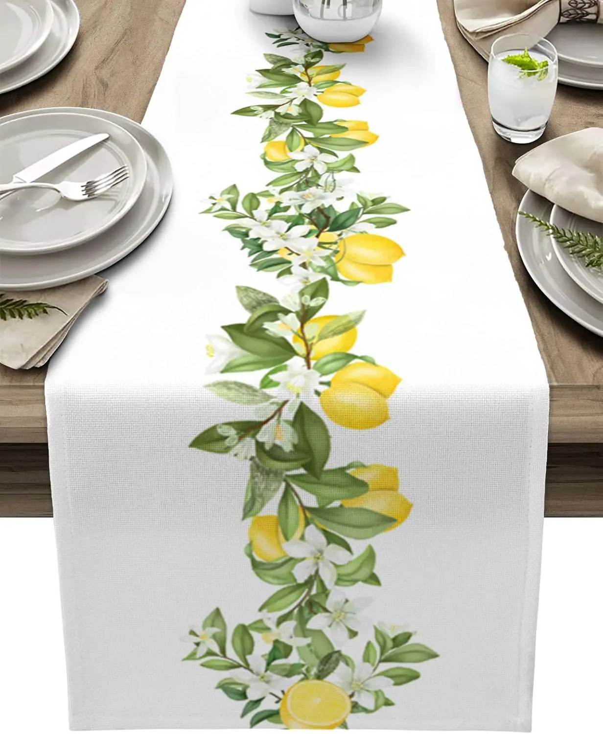 Spring Lemon Flowers Leaves Linen Table Runner Holiday Home Party Decor Seasonal Summer Kitchen Dining Table Runners Table Decor