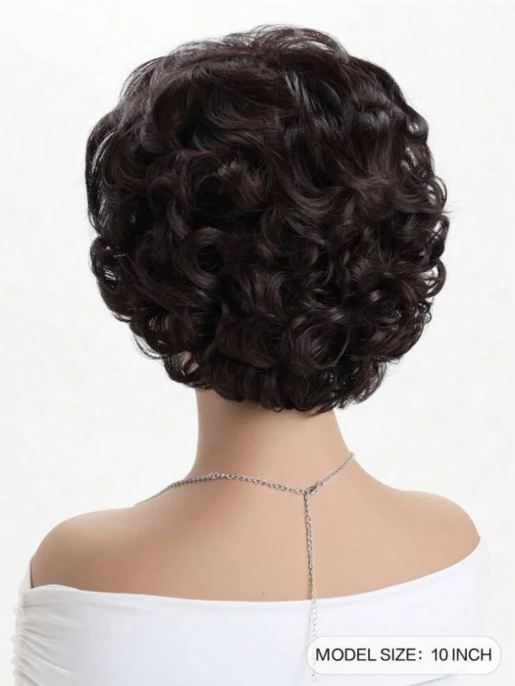 Dark Brown Short Curly Wavy Wig with Hair Bangs 100% Imported Premium Synthetic Fashion Brown Hair Wigs for Women (Brown)