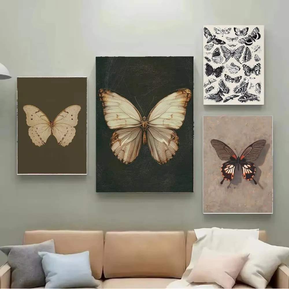 1PC White Butterfly Print Dark Moody Insect Antique Moth Poster Paper Print Home Living Room Bedroom Bar Restaurant Cafe Art