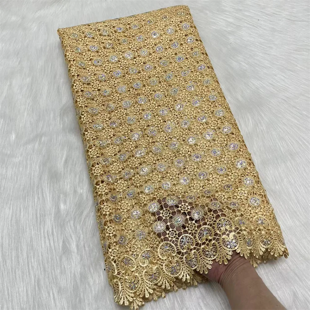 

African Guipure Cord Lace Fabric with Sequins, French Lace Fabrics, New 2022, 5 Yards